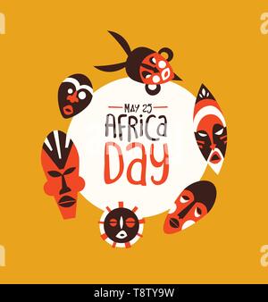 25 Maggio Giornata per l Africa biglietto di auguri di colorati tribali maschere africane. Tradizionale etnica arte illustrazione per la Freedom Holiday. Illustrazione Vettoriale