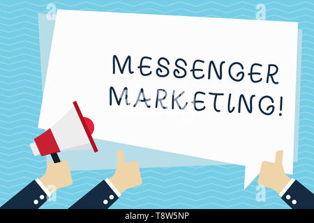 Conceptual la scrittura a mano che mostra Messenger Marketing. Concetto significato atto di marketing per i vostri clienti utilizzando un'applicazione di messaggistica mano che regge un megafono Foto Stock