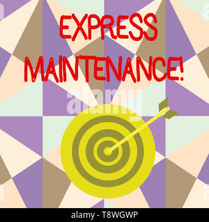 La scrittura della nota mostra Express Maintenance. Il concetto di business per il danno viene immediatamente addebitato per le riparazioni e la manutenzione scheda Dart in stile concentrici Foto Stock