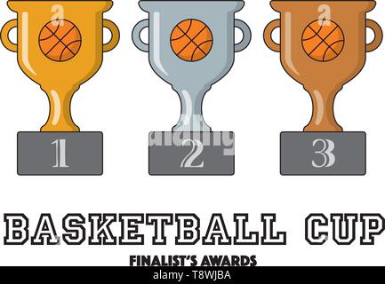 La pallacanestro finalisti di Coppa riconoscimenti in oro, argento e bronzo i simboli vettoriali Illustrazione Vettoriale