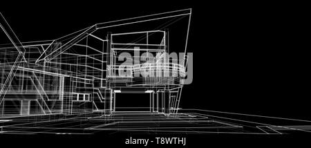 Architettura la facciata esterna design concept di prospettiva 3D bianco rendering wireframe sfondo nero. Per abstract sfondo destops ar Foto Stock