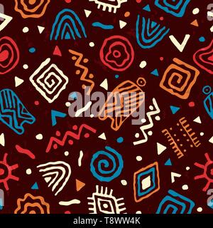 Abstract arte africana stile modello senza giunture. Disegnato a mano decorazione tribale sfondo con boho doodle forme e simboli etnici. Illustrazione Vettoriale