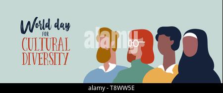 Giornata mondiale per la diversità culturale evento banner web di diverse persone gruppo. Aiuto sociale e il concetto di supporto. Illustrazione Vettoriale