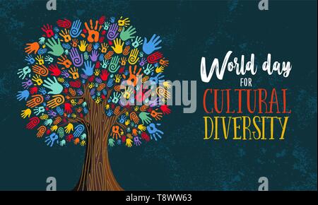 La diversità culturale giorno illustrazione per aiutare e amore sociale. Tree fatta di coloratissimi mani umane concetto. Illustrazione Vettoriale
