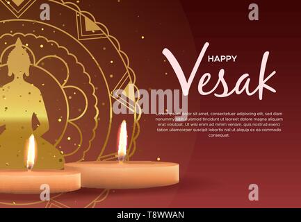 Felice giorno Vesak greeting card modello per vacanza indù celebrazione. Candele realistici su sfondo rosso con oro statua del Buddha mandala. Illustrazione Vettoriale