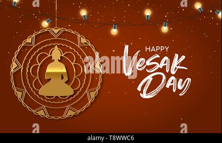 Felice giorno Vesak illustrazione per vacanza indù celebrazione. Buddha d'oro di ornamento con luci realistiche. Illustrazione Vettoriale