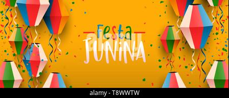 Felice Festa Junina banner web illustrazione. Tradizionale festa brasile decorazione di carta colorati palloncini. Illustrazione Vettoriale