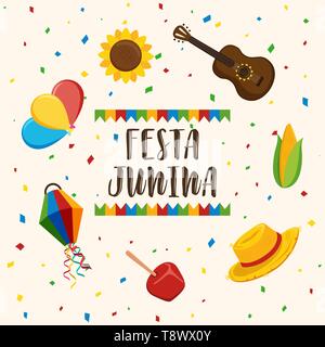 Felice Festa Junina greeting card illustrazione per il brasiliano della celebrazione. Include carta palloncino, chitarra, mais e più. Illustrazione Vettoriale