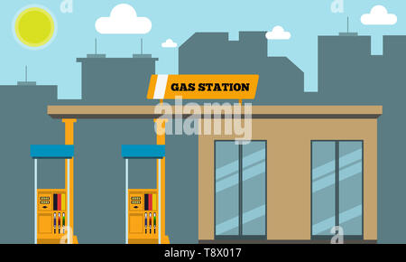 Il riempimento con gas station con cityscape silhouette in background. illustrazione. Foto Stock