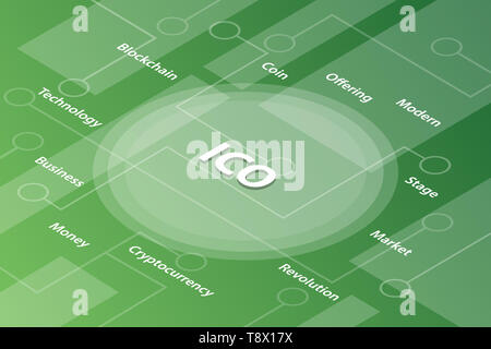 Ico iniziale offerta di moneta parole isometrica, 3d parola concetto di testo con alcune relative testo e dot collegato - illustrazione vettoriale Foto Stock