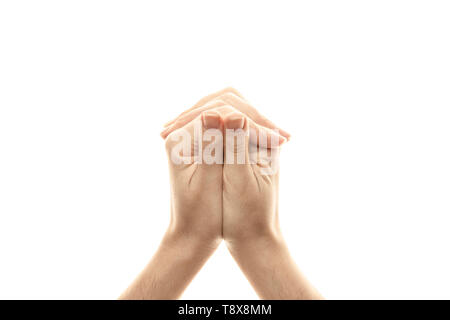 Turtle Mudra, yoga per le dita, un gesto rituale nel Buddismo. Isolato su sfondo bianco Foto Stock