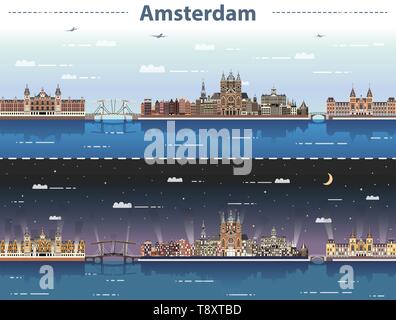 Amsterdam dello skyline della città di giorno e di notte illustrazione vettoriale Illustrazione Vettoriale