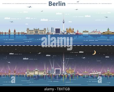 Berlin skyline della città di giorno e di notte illustrazione vettoriale Illustrazione Vettoriale