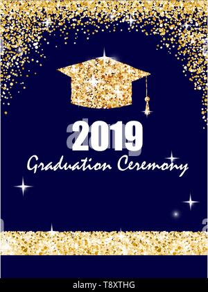 Cerimonia di laurea banner con golden graduate cappuccio, glitter punti su uno sfondo blu scuro. Congratulazioni laureati 2019 di classe. Vettore Illustrazione Vettoriale