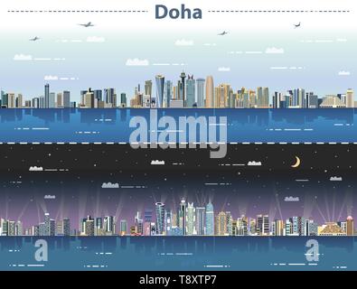 Doha skyline della città di giorno e di notte illustrazione vettoriale Illustrazione Vettoriale