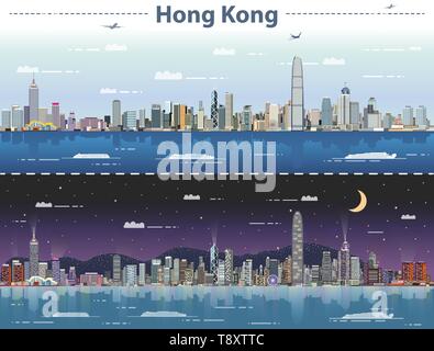 Hong Kong skyline della città di giorno e di notte illustrazione vettoriale Illustrazione Vettoriale