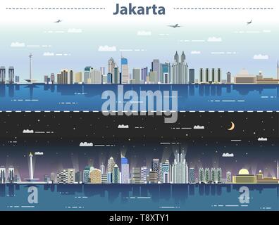 Jakarta skyline della città di giorno e di notte illustrazione vettoriale Illustrazione Vettoriale