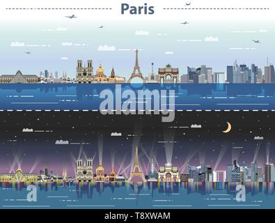 Paris skyline della città di giorno e di notte illustrazione vettoriale Illustrazione Vettoriale