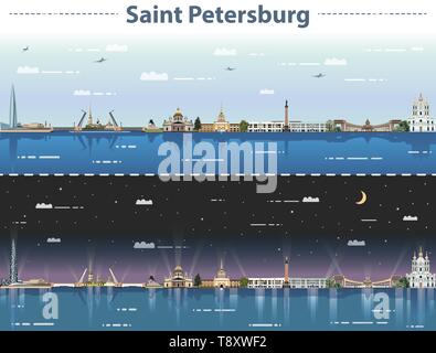 San Pietroburgo dello skyline della città di giorno e di notte illustrazione vettoriale Illustrazione Vettoriale