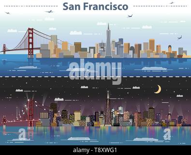 San Francisco skyline della città di giorno e di notte illustrazione vettoriale Illustrazione Vettoriale