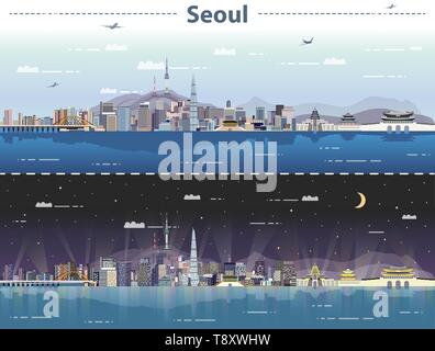 Seul skyline della città di giorno e di notte illustrazione vettoriale Illustrazione Vettoriale