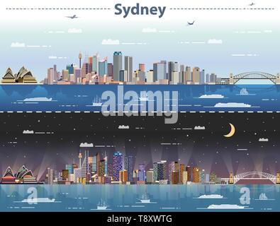 Sydney skyline della città di giorno e di notte illustrazione vettoriale Illustrazione Vettoriale
