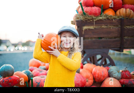 Felice bambina all'autunno zucca patch sfondo. Avendo divertimento. Tonica in stile retrò Foto Stock