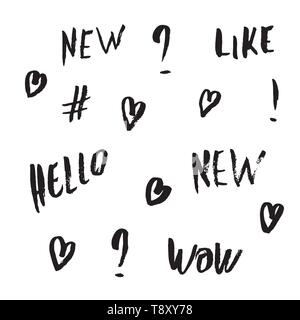 Nuovo, come Ciao, Nuovo, Wow parole, cuori, gli hashtag. Set di grunge lettere scritte a mano e segno. Illustrazione Vettoriale. Illustrazione Vettoriale