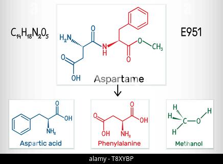 Aspartame, acido aspartico, fenilalanina, molecola di metanolo. Sostituto dello zucchero e E951. Formula chimica di struttura. Illustrazione Vettoriale Illustrazione Vettoriale