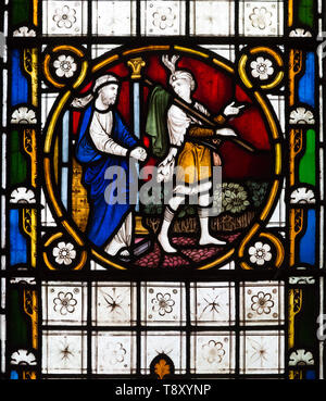 Il vetro macchiato transetto nord finestra raffigurante scene bibliche di Clayton e la campana non datato, chiesa di Santa Maria, Potterne, Wiltshire, Inghilterra, Regno Unito Foto Stock