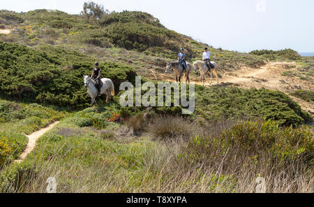Tre persone pony trekking sul Sentiero costiero, il Fisherman's Trail di Rota Vicentina, Odeceixe, Algarve, Portogallo, Europa meridionale Foto Stock