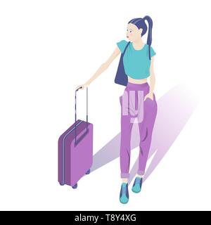 Ragazza turistica con una valigia personaggio dei fumetti isolato su uno sfondo bianco. Illustrazione Vettoriale Illustrazione Vettoriale