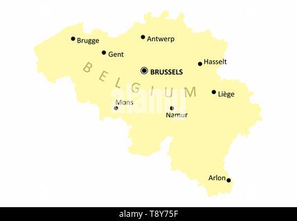 Belgio Mappa isolato su sfondo bianco con alcune delle principali città Illustrazione Vettoriale