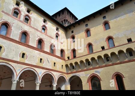 Vista dalla corte interna per pareti, colonne e arcate di antica fortezza medievale Rocchetta all'interno del Castello Sforzesco di Milano. Foto Stock