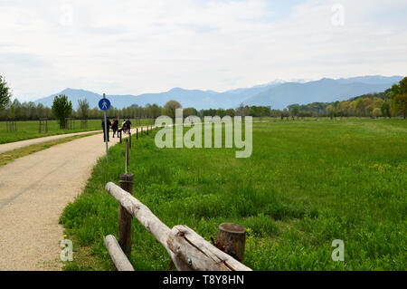 Venaria, Piemonte, Italia. Aprile 2019. Il percorso si snoda attraverso il parco tra prati e alberi. La gente passeggia e godetevi il relax nella natura. Foto Stock