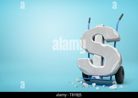 3D rendering di grande pietra simbolo del dollaro sulla mano blu carrello con big stone briciole sul terreno su luce-sfondo blu. Foto Stock