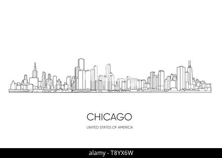 Sullo skyline di Chicago, Illinois, Stati Uniti d'America. Disegnata a mano illustrazione vettoriale, perfetto per cartoline o negozio di souvenir. Bianco e nero delinea Illustrazione Vettoriale