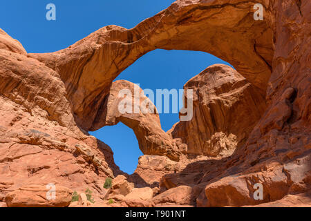 Il doppio arco - un close-up a basso angolo di visione del doppio arco, Arches National Park, Utah, Stati Uniti d'America. Foto Stock