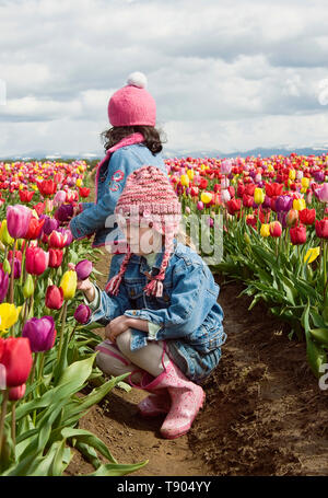 2 ragazze in un campo di tulipani in Oregon Foto Stock