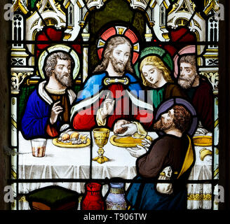 Ultima Cena in vetro colorato, Santa Maria Maddalena la Chiesa, Tanworth in Arden, Warwickshire, Inghilterra, Regno Unito Foto Stock