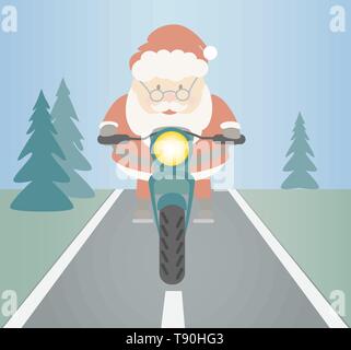 Babbo Natale felice in sella a una motocicletta. Natale vettore piana. Illustrazione Vettoriale