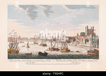 Una vista della torre, con il ponte e parte della città di Londra, dal fiume. Da una incisione da J.M. Muller datata 1753 dopo un lavoro di Jacob Maurer. Più tardi la colorazione. Foto Stock