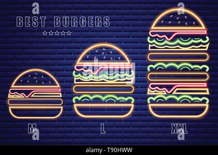 Il Neon hamburger insieme di diverse dimensioni poster del vettore. Un fast food incandescente luce simbolo di affissioni. Cafe modello menu Illustrazione Vettoriale