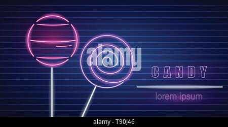 Dolci caramelle stick neon vettore dei simboli. Incandescente segno scuro dello sfondo. Splendenti affissioni o modello di menu Illustrazione Vettoriale
