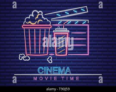 Popcorn, soda e cinema neon stile vettore. Incandescente segno scuro dello sfondo. Splendenti modello tramite Affissioni Illustrazione Vettoriale