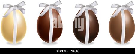 Pasqua uova di cioccolato set regalo realistica del vettore. Il cioccolato al latte e cioccolato fondente. 3d poster dettagliate o raccolta di etichette Illustrazione Vettoriale