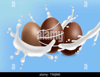 Uova di cioccolato con latte vettore splash realistico. 3d poster dettagliata o il modello di etichetta Illustrazione Vettoriale