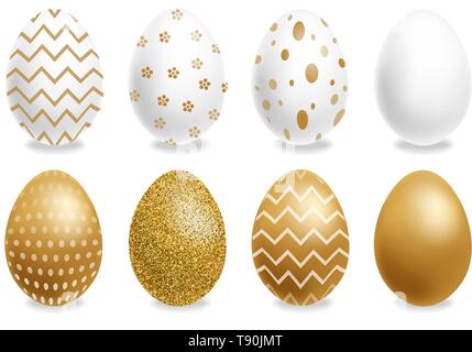 Pasqua dipinto uova d'oro del vettore collezione realistiche. Abstract ornati carino design. 3d insieme dettagliato Illustrazione Vettoriale