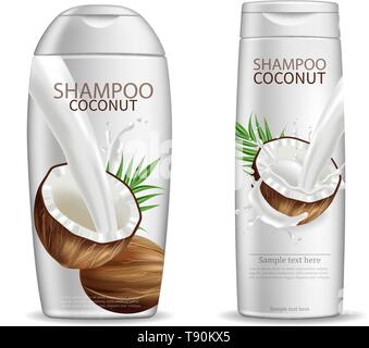 Noce di cocco vettore shampoo realistiche. Confezionamento del prodotto mock up. Bottiglie di contenitore isolato. 3d illustrazione dettagliata Illustrazione Vettoriale