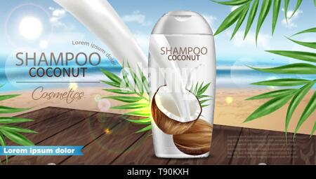 Noce di cocco vettore shampoo realistiche. Confezionamento del prodotto mock up. Sfondo tropico di latte di cocco splash. 3d illustrazione dettagliata Illustrazione Vettoriale